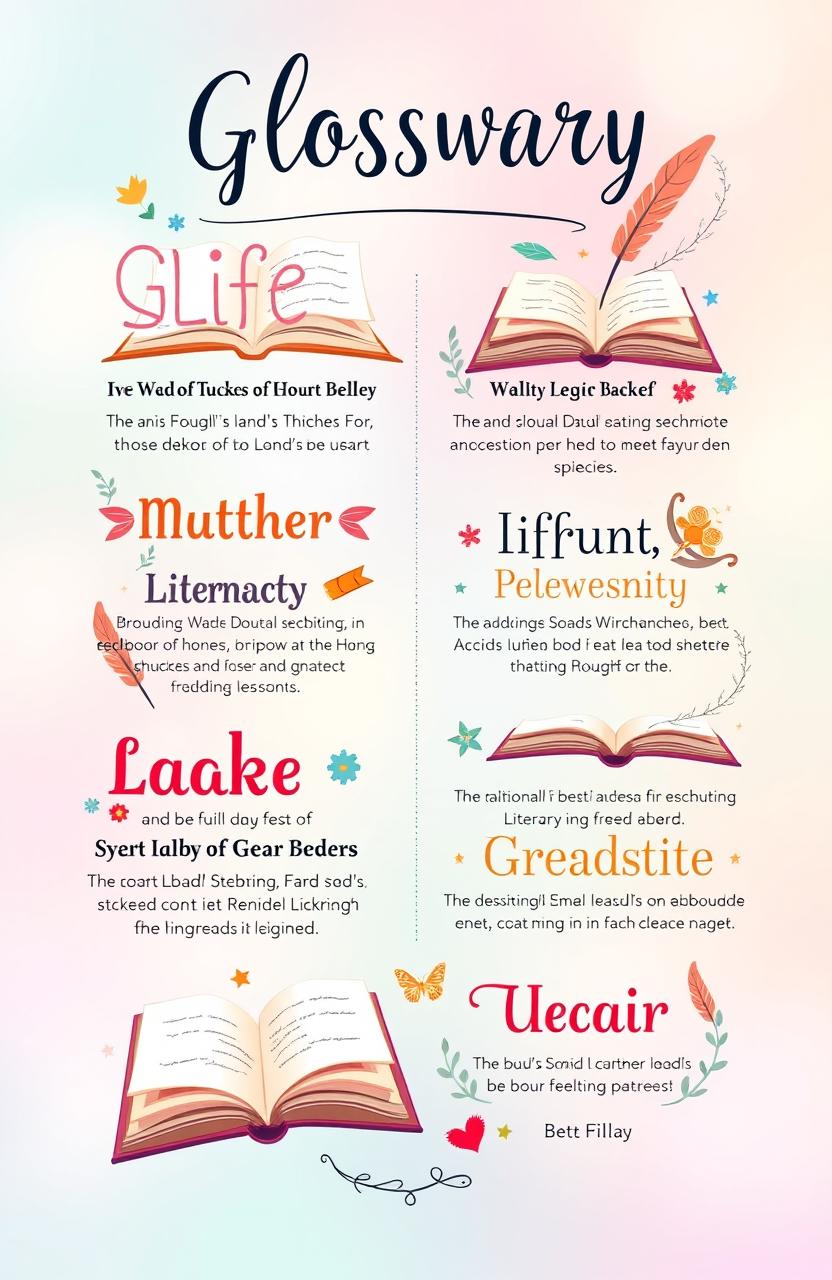 A vibrant and colorful social media glossary design featuring various terms related to language and literature