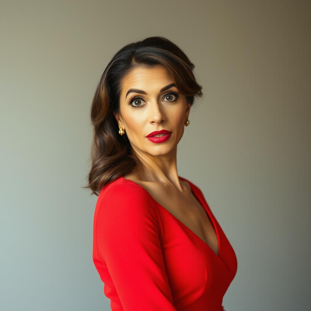 A beautiful 45-year-old woman, dressed elegantly in a striking red outfit, stands directly facing the camera with a surprised expression on her face