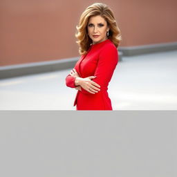 A beautiful 45-year-old woman, dressed elegantly in a striking red outfit, stands directly facing the camera with a surprised expression on her face
