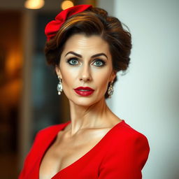 A beautiful 45-year-old woman, dressed elegantly in a striking red outfit, stands directly facing the camera with a surprised expression on her face