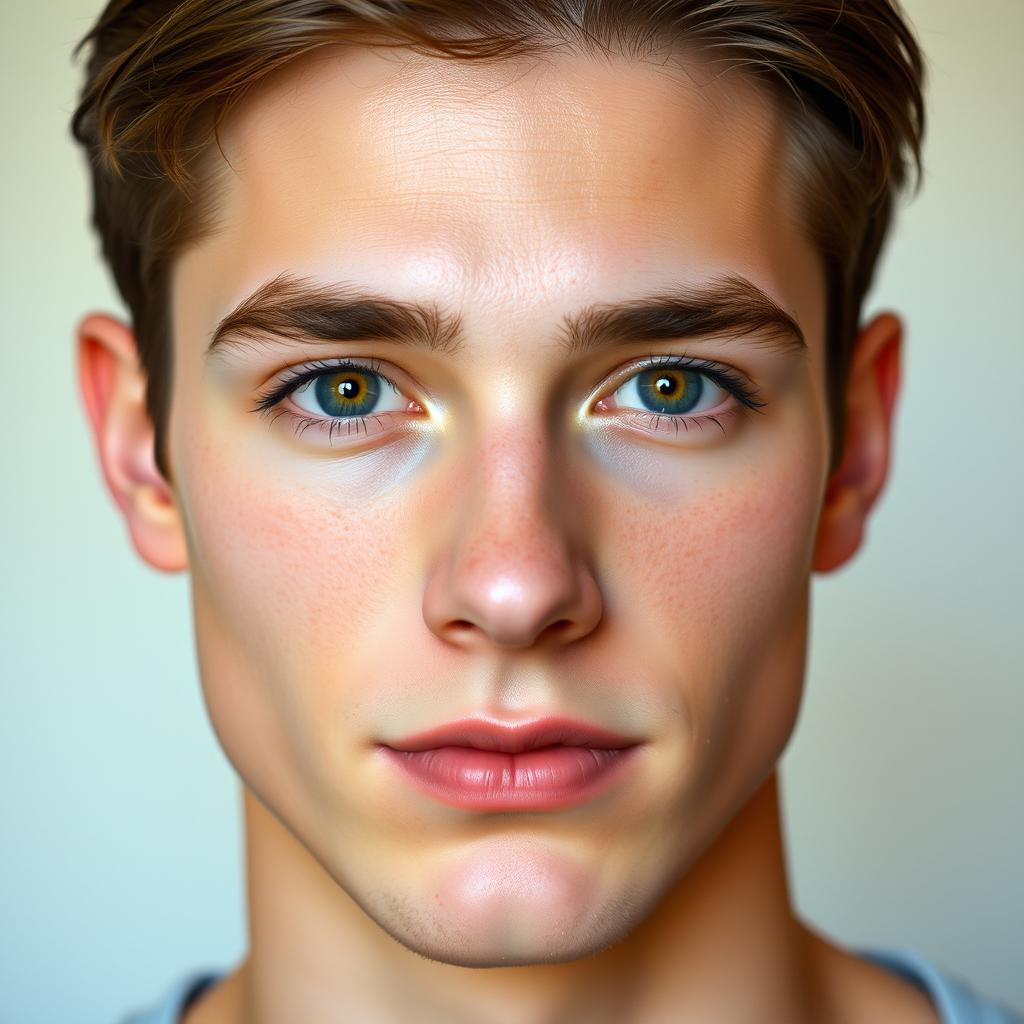 A very handsome young man, featuring short brown hair, a straight nose, sharp jawline, and captivating hazel eyes