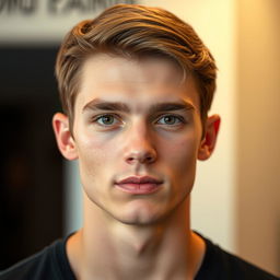 A very handsome young man, featuring short brown hair, a straight nose, sharp jawline, and captivating hazel eyes