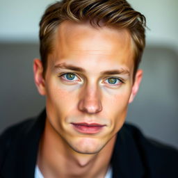A very handsome young man, featuring short brown hair, a straight nose, sharp jawline, and captivating hazel eyes