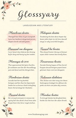 A beautifully designed social media glossary for language and literature, featuring Indonesian terms and their meanings in an elegant, visually appealing layout