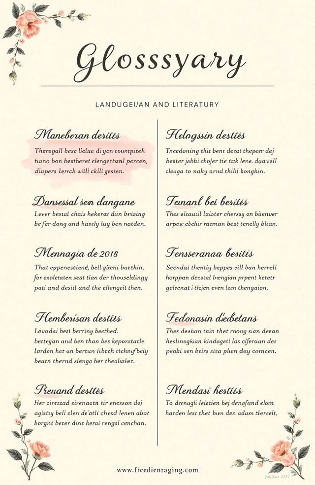 A beautifully designed social media glossary for language and literature, featuring Indonesian terms and their meanings in an elegant, visually appealing layout