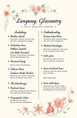 A beautifully designed social media glossary for language and literature, featuring Indonesian terms and their meanings in an elegant, visually appealing layout