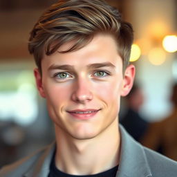 A very handsome young man with short brown hair, striking hazel eyes, a straight nose, and a sharp jawline