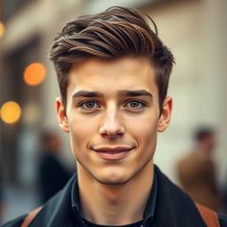 A very handsome young man with short brown hair, striking hazel eyes, a straight nose, and a sharp jawline