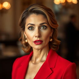 A beautiful 45-year-old woman, dressed elegantly in a rich red outfit, stands directly facing the camera with a surprised expression on her face