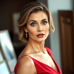 A beautiful 45-year-old woman, dressed elegantly in a rich red outfit, stands directly facing the camera with a surprised expression on her face