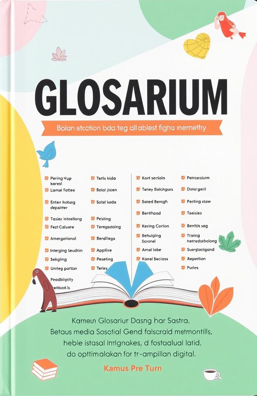 Sebuah kamus glosarium bahasa dan sastra yang menarik, dengan desain estetis ala media sosial, berisi istilah-istilah penting dalam bahasa dan sastra dalam bahasa Indonesia