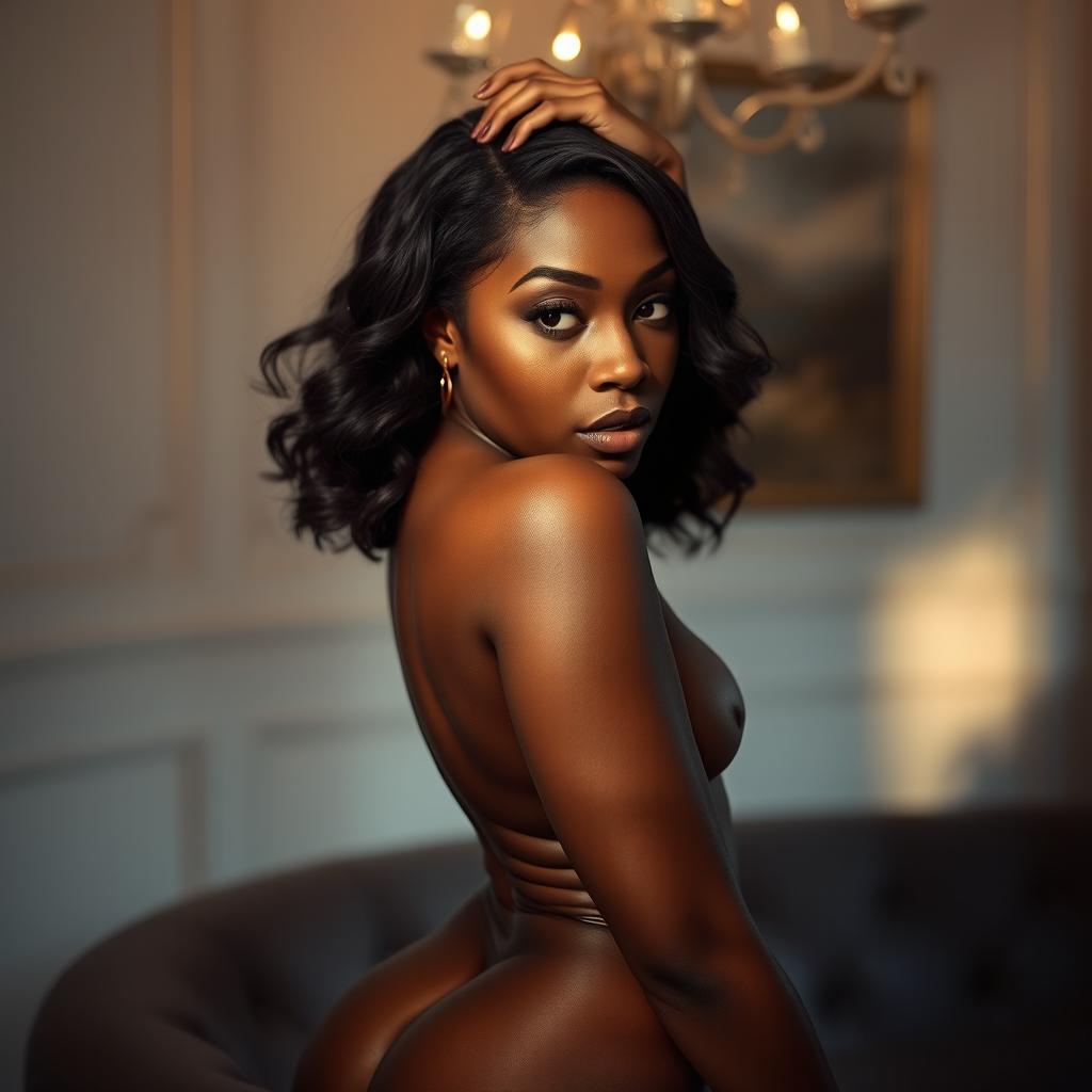 A sensual and artistic portrayal of an attractive Black woman, embodying confidence and allure, with a focus on her radiant skin and captivating features