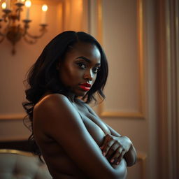 A sensual and artistic portrayal of an attractive Black woman, embodying confidence and allure, with a focus on her radiant skin and captivating features