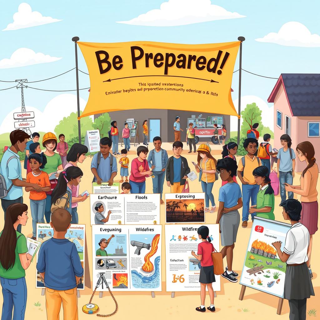 A detailed and informative illustration of a disaster readiness and risk reduction concept