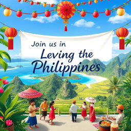 A vibrant and inviting scene showcasing the beauty of the Philippines, featuring stunning natural landscapes like serene beaches with crystal clear waters, lush green rice terraces, and majestic mountains
