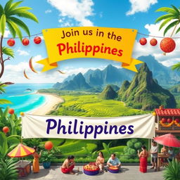 A vibrant and inviting scene showcasing the beauty of the Philippines, featuring stunning natural landscapes like serene beaches with crystal clear waters, lush green rice terraces, and majestic mountains