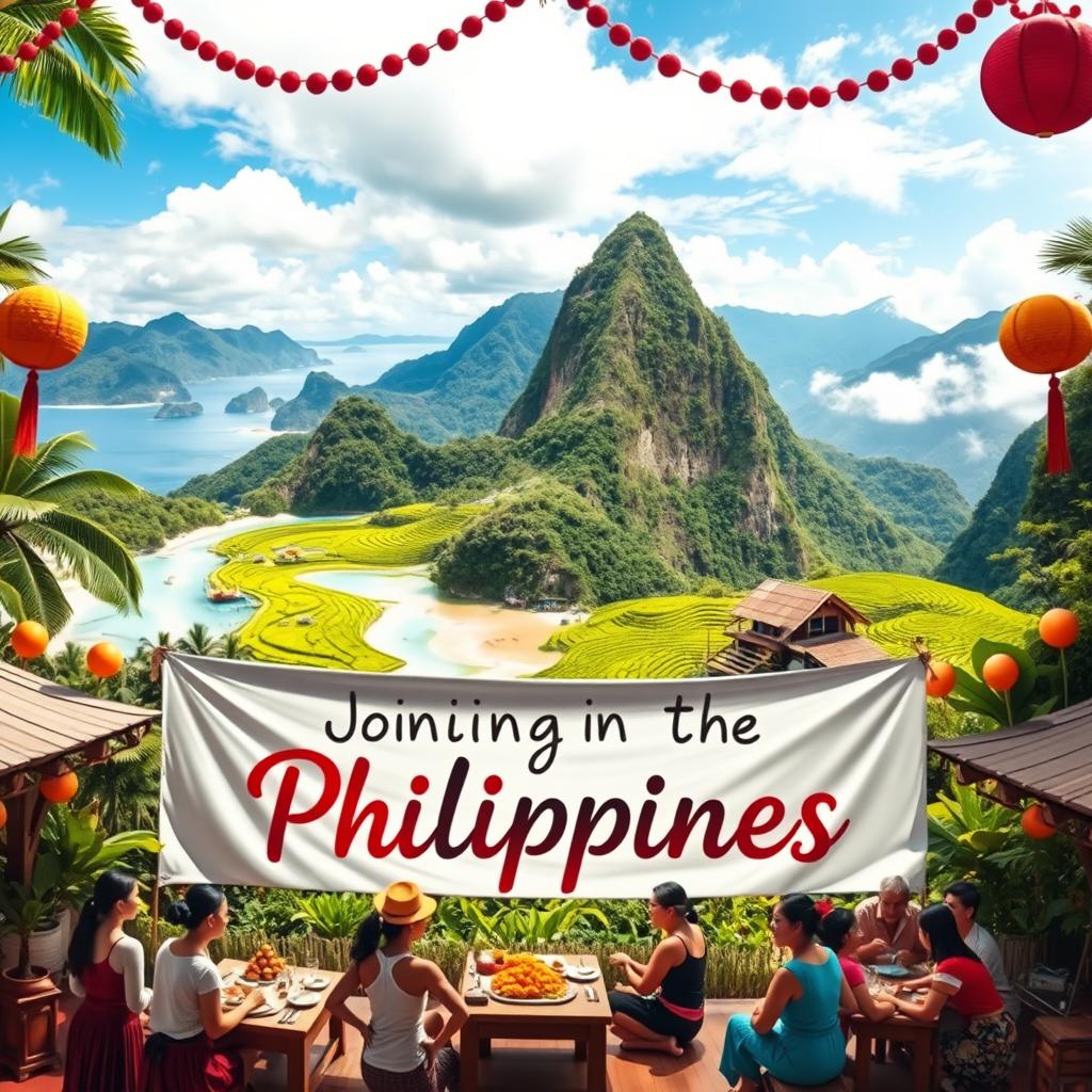 A vibrant and inviting scene showcasing the beauty of the Philippines, featuring stunning natural landscapes like serene beaches with crystal clear waters, lush green rice terraces, and majestic mountains