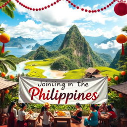A vibrant and inviting scene showcasing the beauty of the Philippines, featuring stunning natural landscapes like serene beaches with crystal clear waters, lush green rice terraces, and majestic mountains