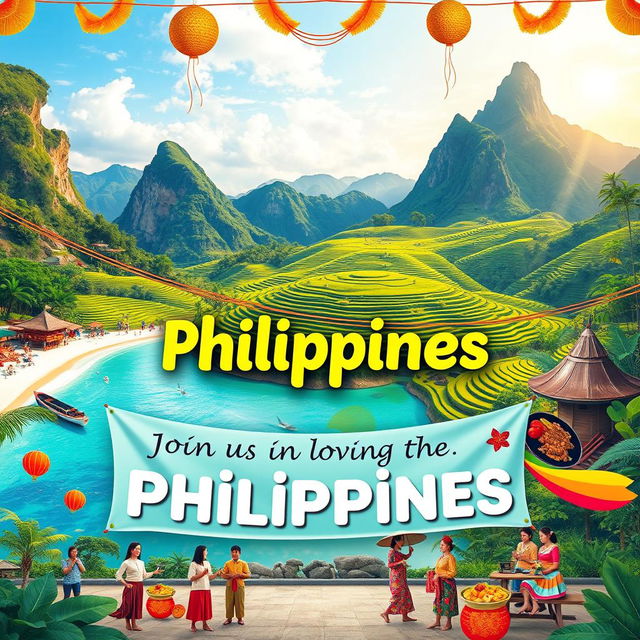 A vibrant and inviting scene showcasing the beauty of the Philippines, featuring stunning natural landscapes like serene beaches with crystal clear waters, lush green rice terraces, and majestic mountains