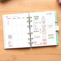 A beautifully designed cute planner featuring a pastel color scheme, adorably illustrated cover with whimsical flowers and animals, sections for monthly and weekly planning, motivational quotes in playful typography, decorative stickers themed around seasons, and cute icons for notes and tasks