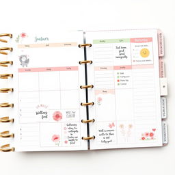A beautifully designed cute planner featuring a pastel color scheme, adorably illustrated cover with whimsical flowers and animals, sections for monthly and weekly planning, motivational quotes in playful typography, decorative stickers themed around seasons, and cute icons for notes and tasks