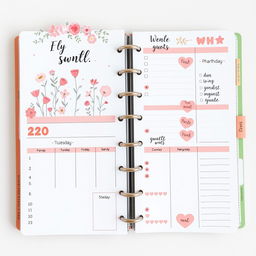 A beautifully designed cute planner featuring a pastel color scheme, adorably illustrated cover with whimsical flowers and animals, sections for monthly and weekly planning, motivational quotes in playful typography, decorative stickers themed around seasons, and cute icons for notes and tasks