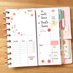 A beautifully designed cute planner featuring a pastel color scheme, adorably illustrated cover with whimsical flowers and animals, sections for monthly and weekly planning, motivational quotes in playful typography, decorative stickers themed around seasons, and cute icons for notes and tasks