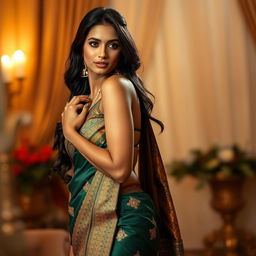 A beautiful Indian woman wearing a revealing and intricately designed saree, draped elegantly to accentuate her curves