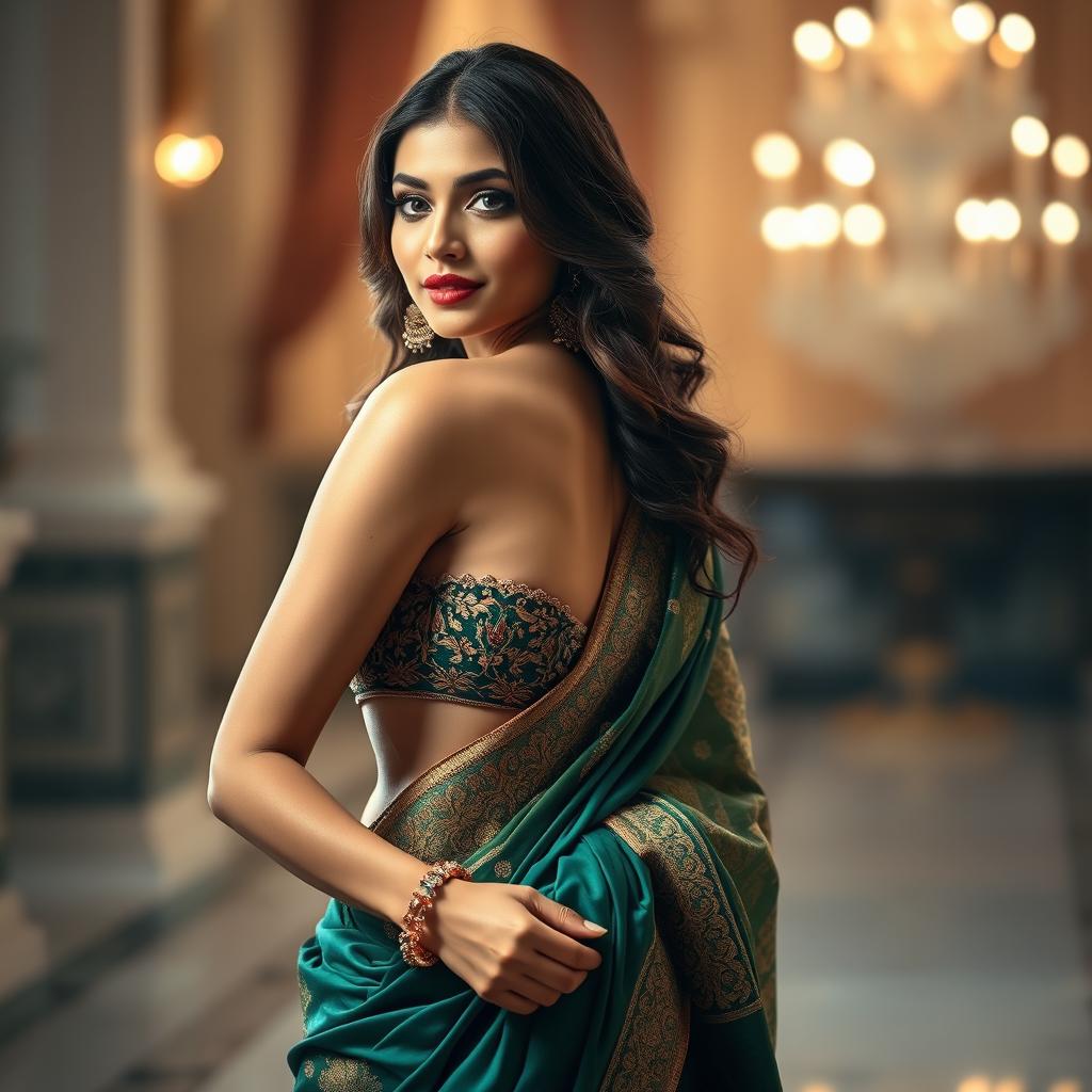 A beautiful Indian woman wearing a revealing and intricately designed saree, draped elegantly to accentuate her curves