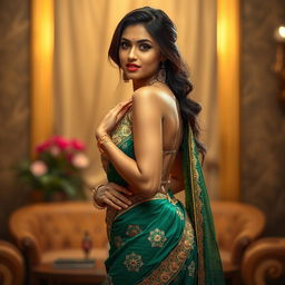 A beautiful Indian woman wearing a revealing and intricately designed saree, draped elegantly to accentuate her curves