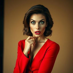 A stunningly beautiful 45-year-old woman, elegantly dressed in a vibrant red outfit, poses directly in front of the camera with a surprised expression on her face