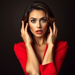A stunningly beautiful 45-year-old woman, elegantly dressed in a vibrant red outfit, poses directly in front of the camera with a surprised expression on her face