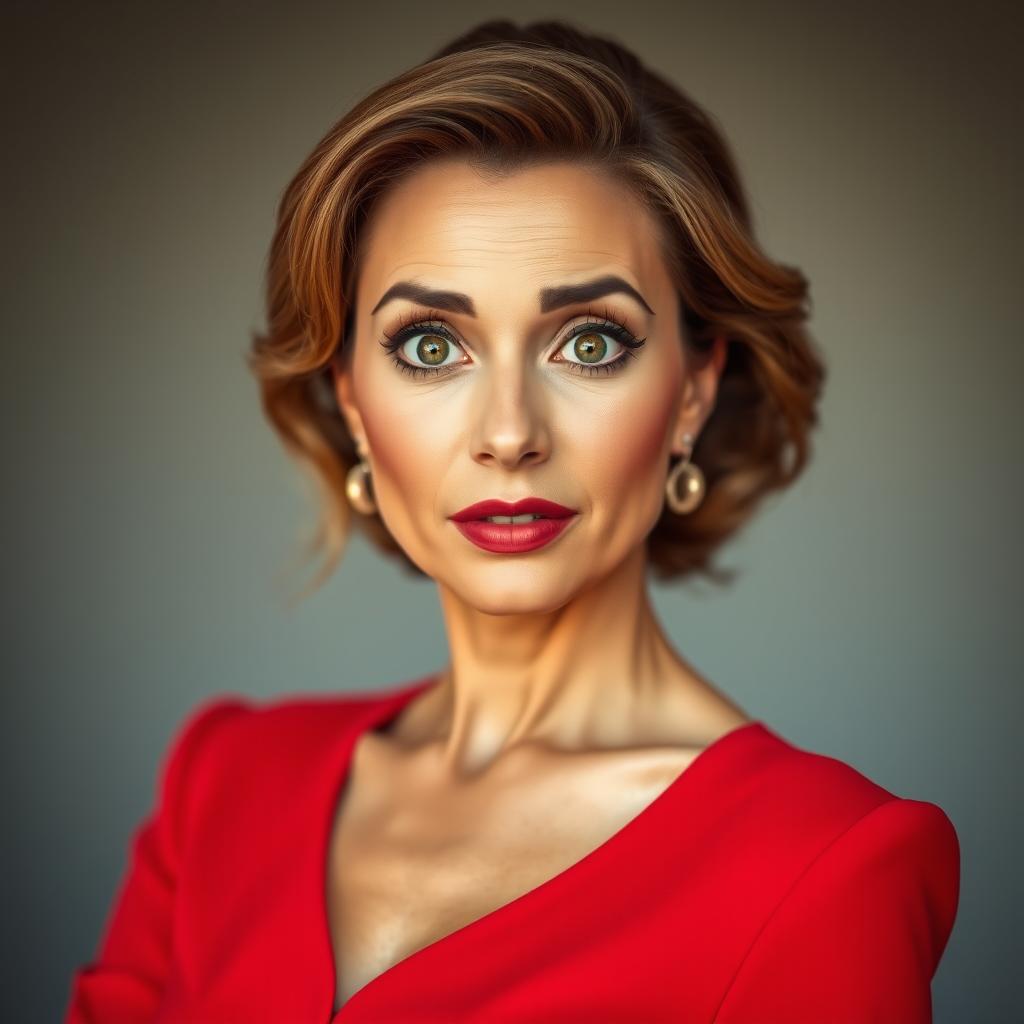 A stunningly beautiful 45-year-old woman, elegantly dressed in a vibrant red outfit, poses directly in front of the camera with a surprised expression on her face