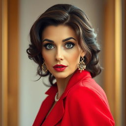 A stunningly beautiful 45-year-old woman, elegantly dressed in a vibrant red outfit, poses directly in front of the camera with a surprised expression on her face