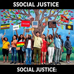 An artistic representation of social justice, featuring a diverse group of people standing together in solidarity