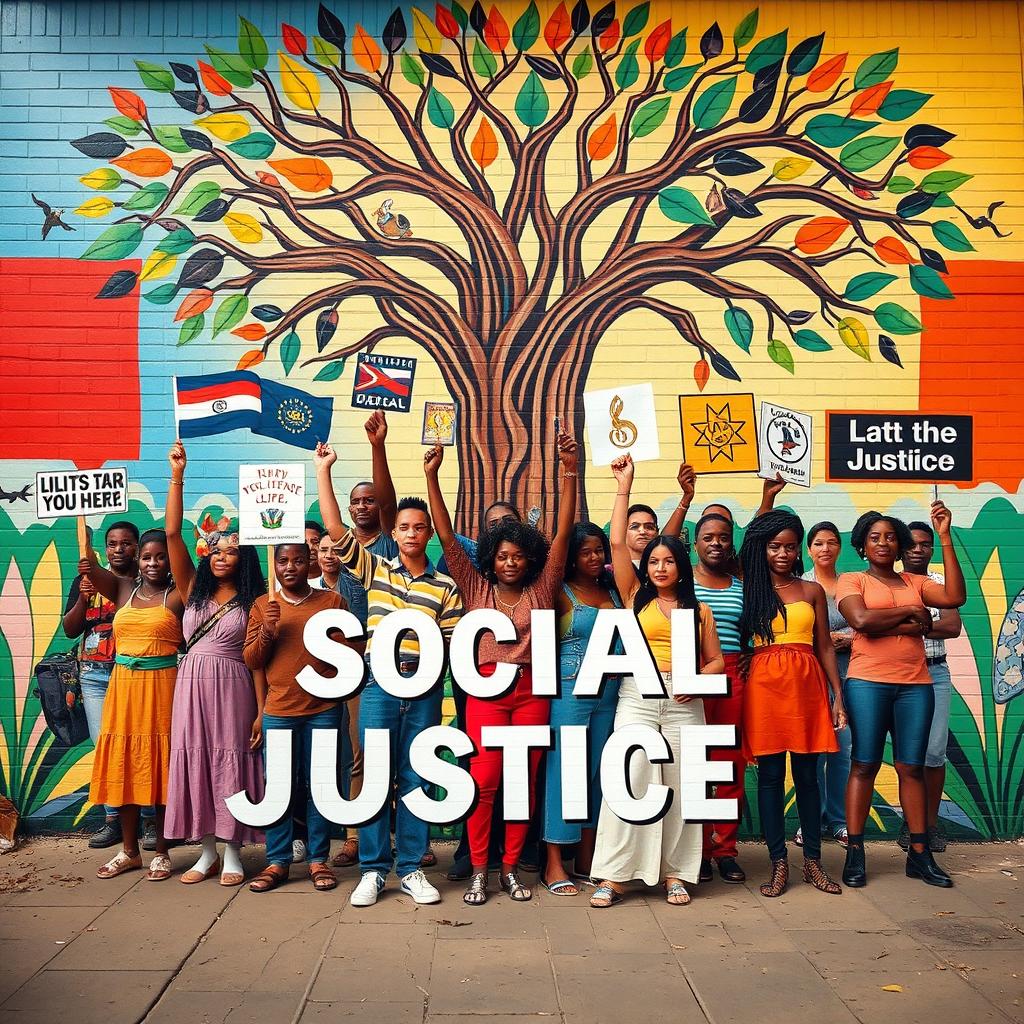 An artistic representation of social justice, featuring a diverse group of people standing together in solidarity