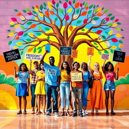An artistic representation of social justice, featuring a diverse group of people standing together in solidarity