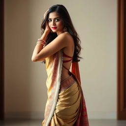 An Indian woman wearing a revealing saree that beautifully showcases her figure, gracefully posing in a seductive manner