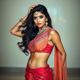 An Indian woman wearing a revealing saree that beautifully showcases her figure, gracefully posing in a seductive manner