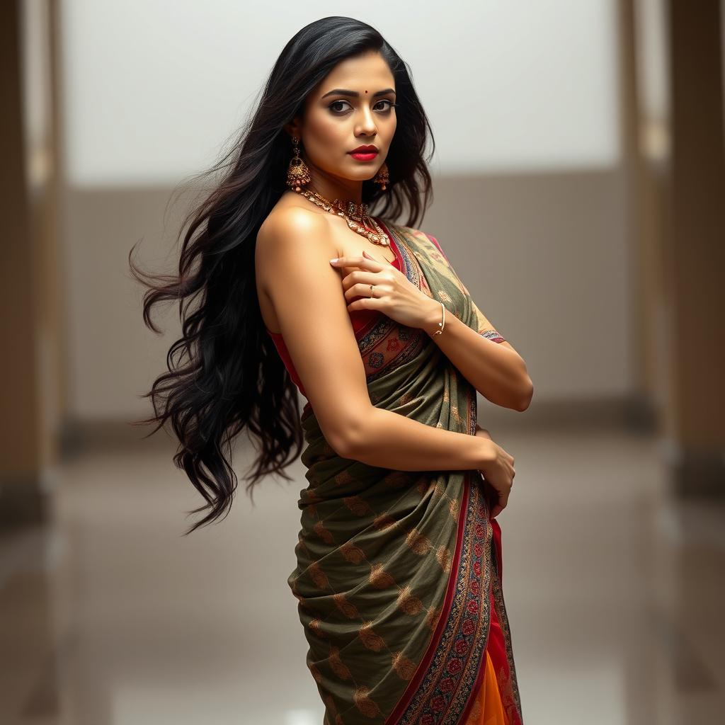 An Indian woman wearing a revealing saree that beautifully showcases her figure, gracefully posing in a seductive manner