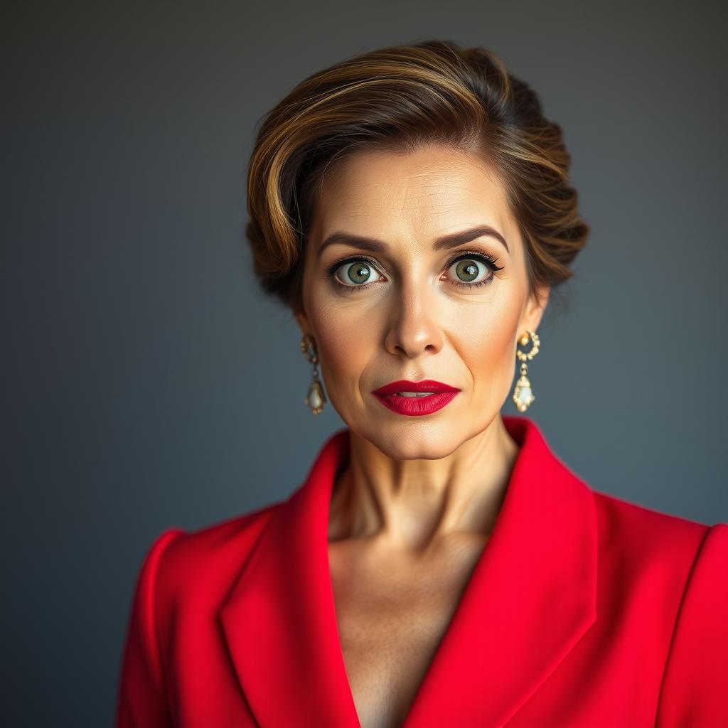 A gorgeous 45-year-old woman, dressed in an elegant and vibrant red outfit, stands directly in front of the camera