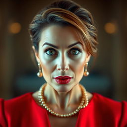 A gorgeous 45-year-old woman, dressed in an elegant and vibrant red outfit, stands directly in front of the camera