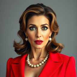A gorgeous 45-year-old woman, dressed in an elegant and vibrant red outfit, stands directly in front of the camera