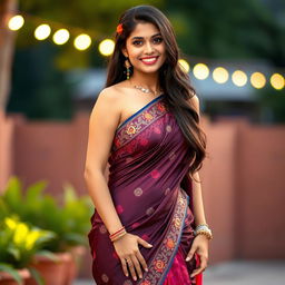An Indian woman wearing a stylish short saree that elegantly highlights her curves