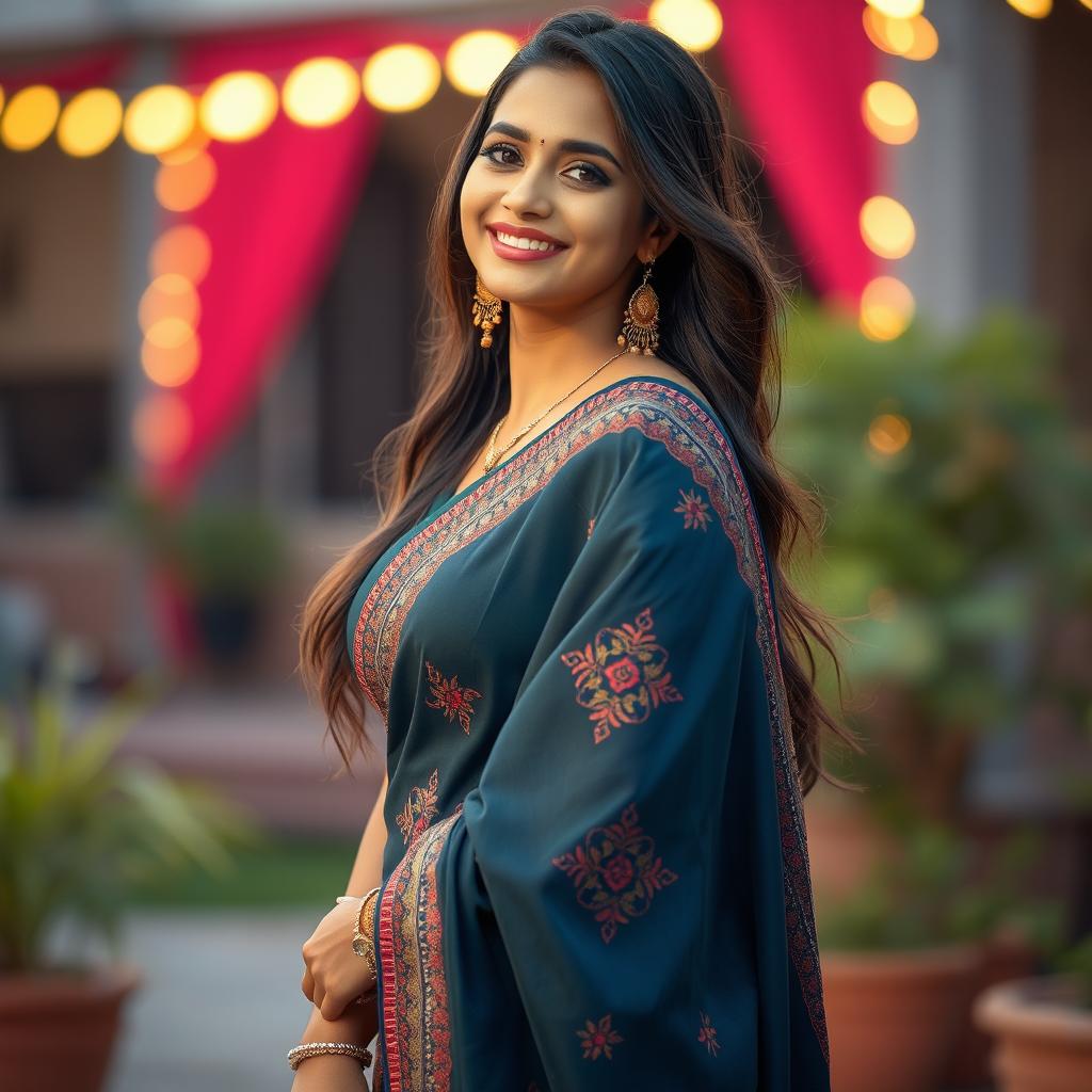 An Indian woman wearing a stylish short saree that elegantly highlights her curves