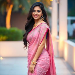 An Indian woman wearing a stylish short saree that elegantly highlights her curves