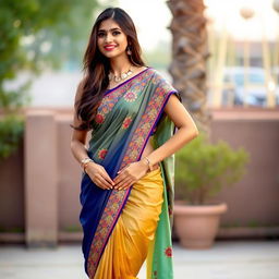An Indian woman wearing a stylish short saree that elegantly highlights her curves