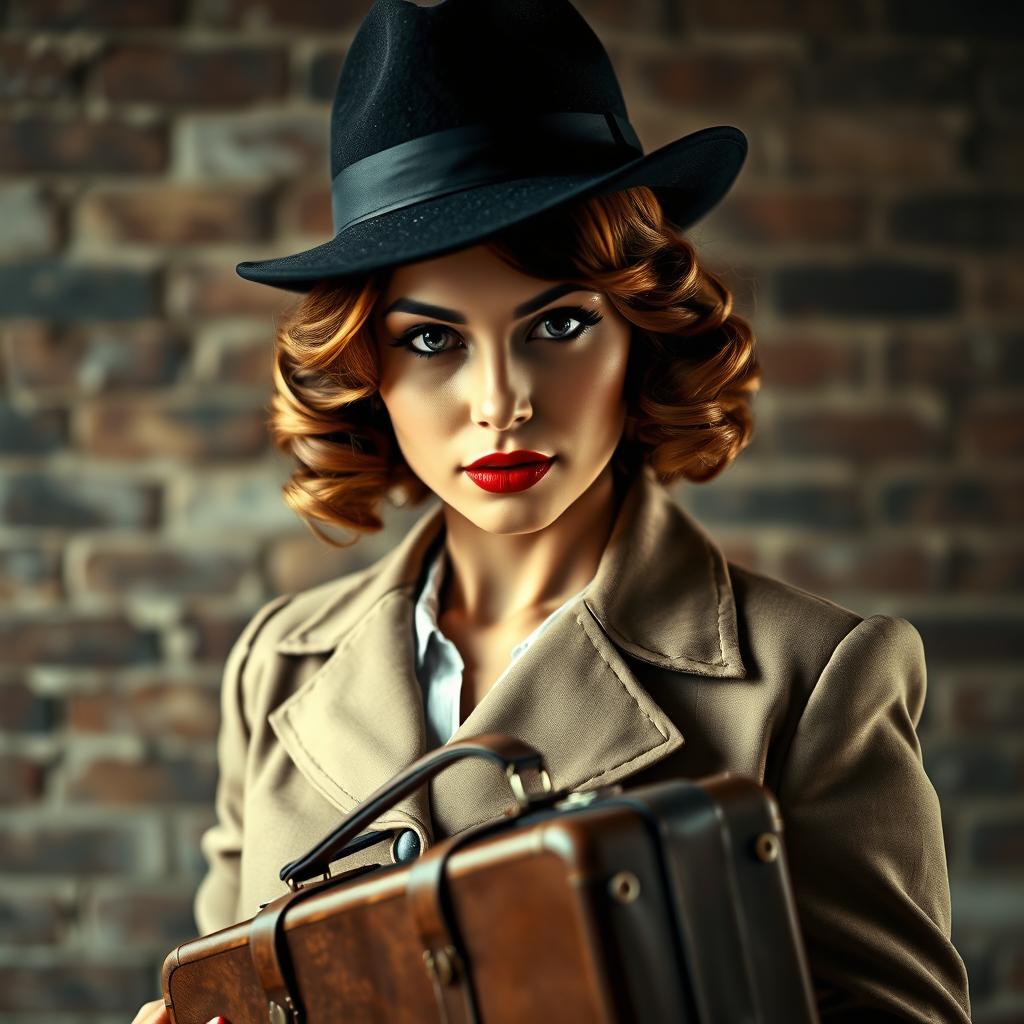 A vintage style portrait of a lady smuggler, dressed in 1920s gangster fashion with a fedora hat, a tailored coat, and holding a vintage leather suitcase