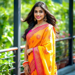An attractive Indian woman dressed in a vibrant, short saree that beautifully accents her figure