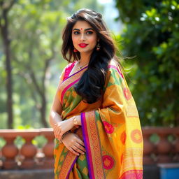 An attractive Indian woman dressed in a vibrant, short saree that beautifully accents her figure